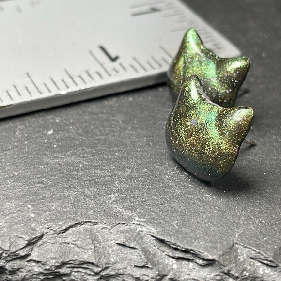 Custom Elegant Green Cat Hand Made Stud Post Earrings - Picture 9 of 11